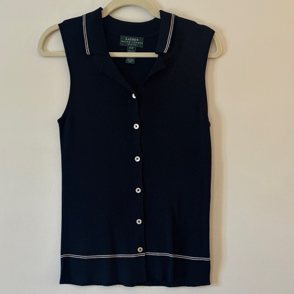 Vintage Ralph Lauren 100% Silk Navy White Piped Sleeveless Knit Top Petite Small - Picture 1 of 8